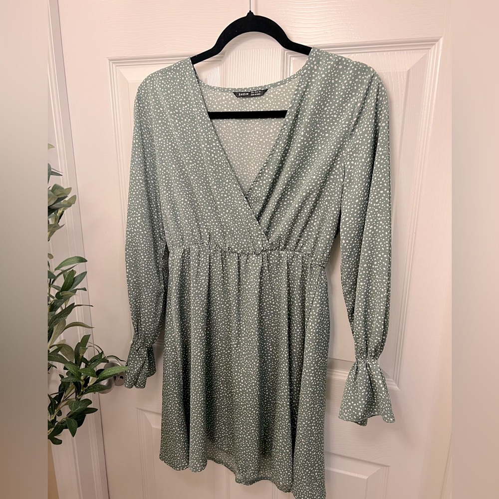 Sage Green Long Sleeve V- Neck Sun Dress